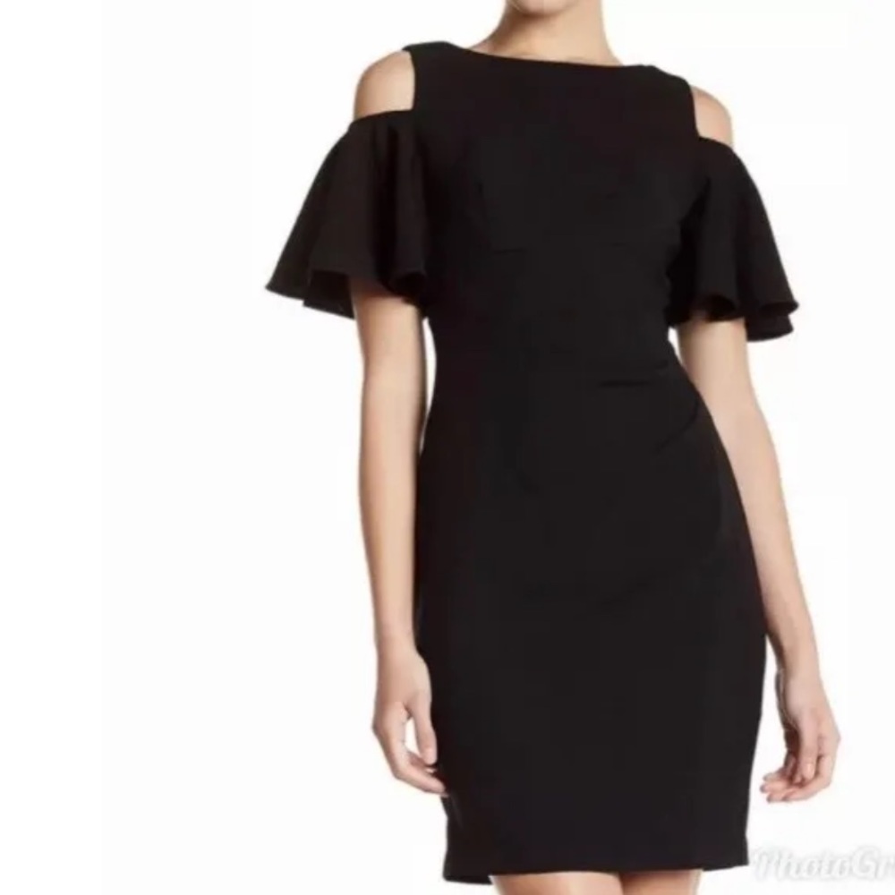 Eliza J Cold Shoulder Flutter Ruffle Short Sleeve Black Midi Sheath Party Dress